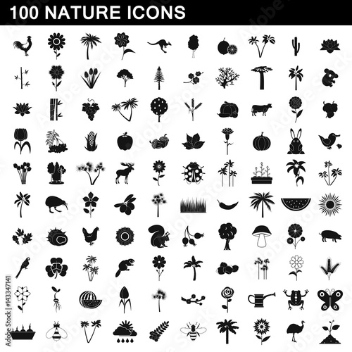 100 nature icons set, simple style