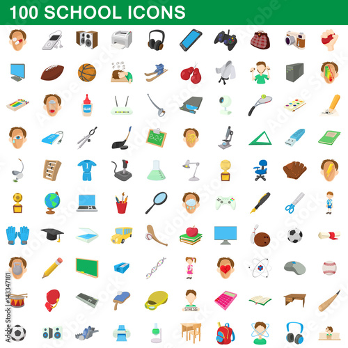 100 school set, cartoon style