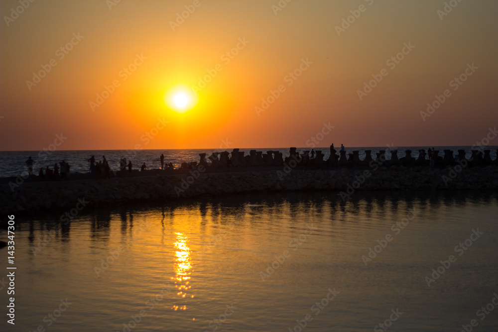 Beautiful view with an ocean in sunset and bird fly in blue sky Beautiful view with an ocean in sunset and bird fly in blue sky