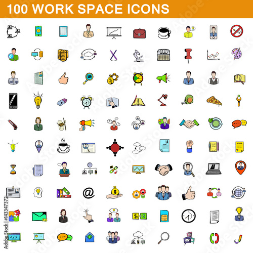 100 work space icons set, cartoon style