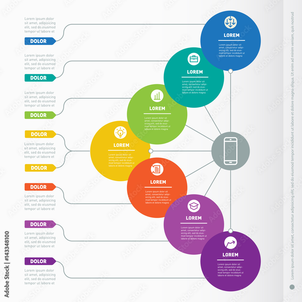 Business presentation with 7 options. Web Template of a info chart, mindmap or diagram. Part of the report with simple geometric elements. Vector dynamic infographics of technology process. Business presentation with 7 options. Web Template of a info chart, mindmap or diagram. Part of the report with simple geometric elements. Vector dynamic infographics of technology process.