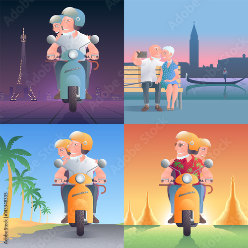 Set of old people driving scooter in front of pagoda and sitting in Venice vector illustrations
