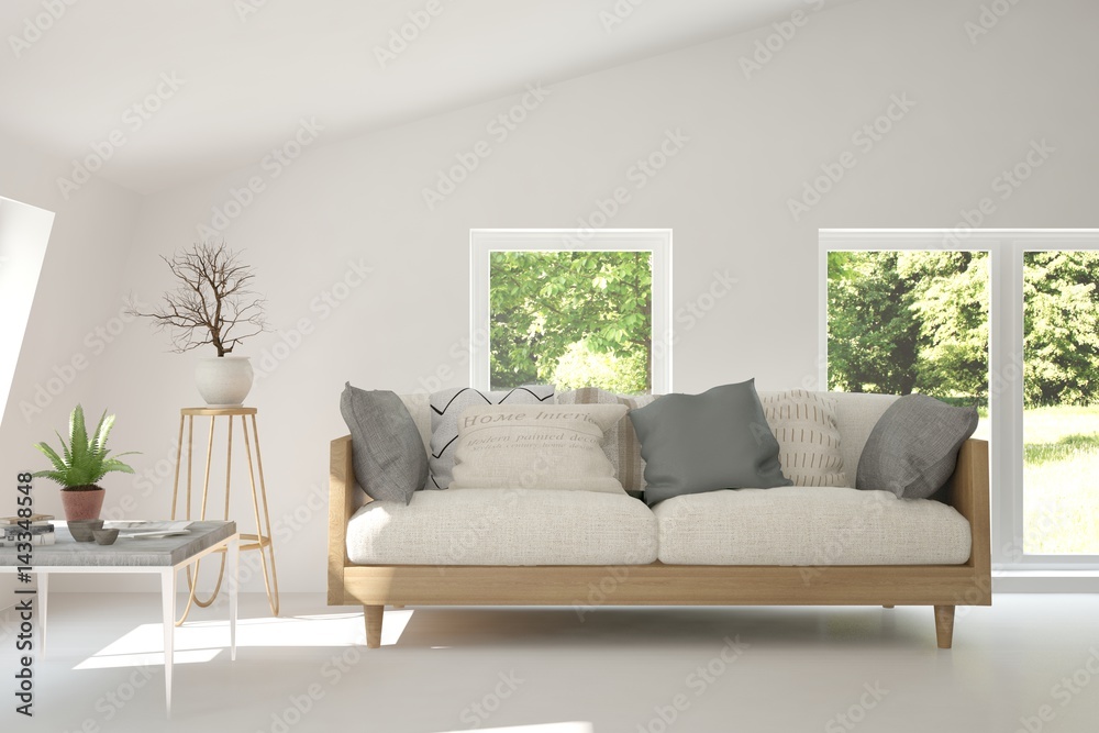White room with sofa and green landscape in window. Scandinavian interior design. 3D illustration White room with sofa and green landscape in window. Scandinavian interior design. 3D illustration