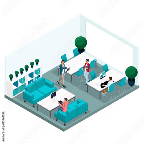 Trendy Isometric people and gadgets, room coworking center, office work, hi tech technology, laptop, pad, freelancers, artists, programmers are isolated