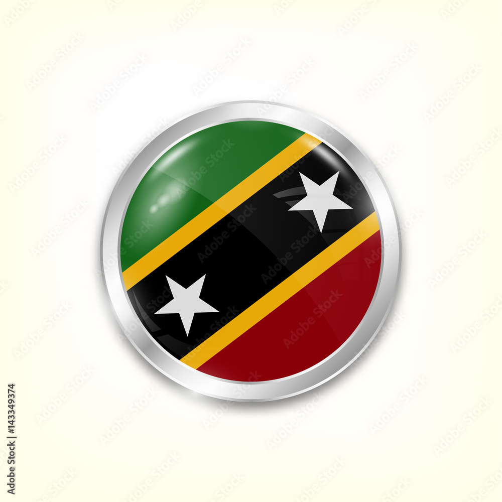 Round button national flag of Saint kitts and Nevis with the reflection of light and shadow. Icon country. Realistic vector illustration.