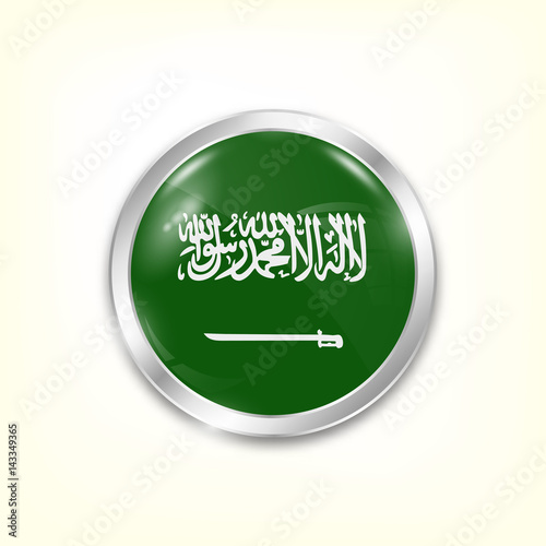 Round button national flag of Saudi Arabia with the reflection of light and shadow. Icon country. Realistic vector illustration.