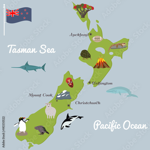 New Zealand tourist map with famous landmarks.