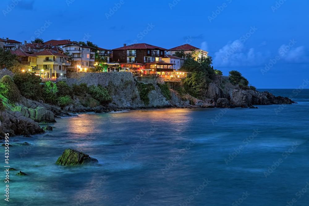 Night view of the east cape of Sozopol Old Town (former ancient town of Apollonia), Bulgaria