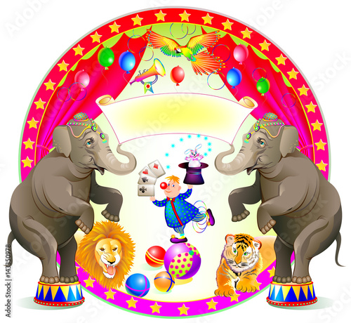 Poster for a circus performance. Spectacle with merry clown and trained animals. Vector cartoon image.