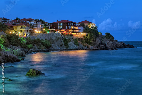 Night view of the east cape of Sozopol Old Town (former ancient town of Apollonia), Bulgaria