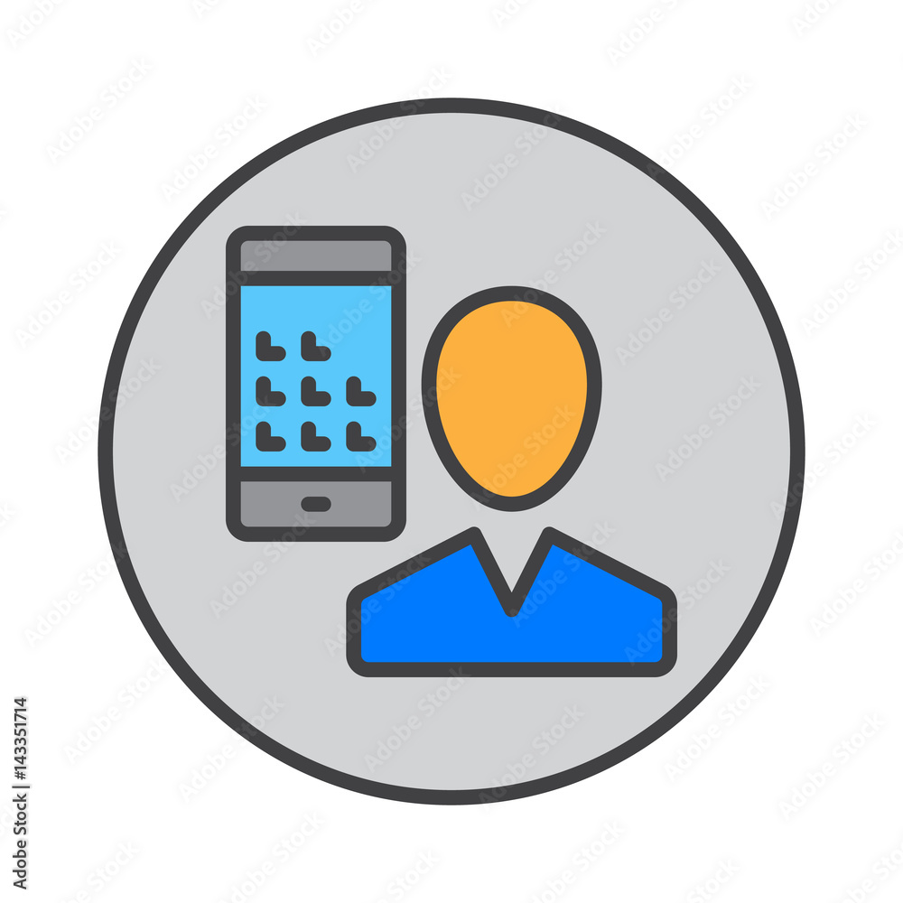 User and mobile phone, smartphone filled outline icon, round colorful vector sign, circular pictogram. Symbol, logo illustration User and mobile phone, smartphone filled outline icon, round colorful vector sign, circular pictogram. Symbol, logo illustration