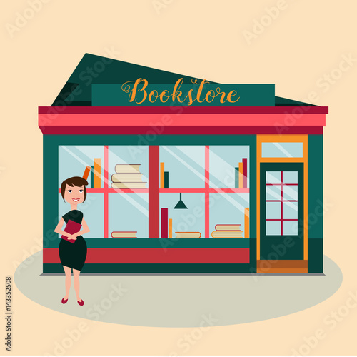 Fototapeta Naklejka Na Ścianę i Meble -  Illustration of the woman in front of the bookstore with books