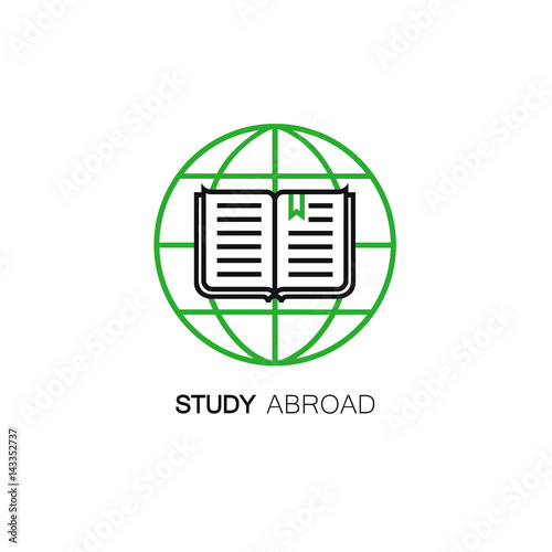 Vector line style icon with globe and open book. Study abroad symbol.