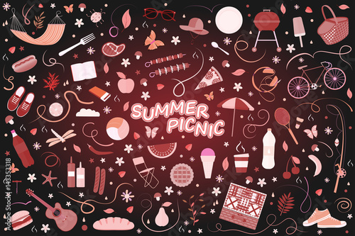 Vector illustration of a summer family picnic with objects for outdoor activities, barbecue, snacks