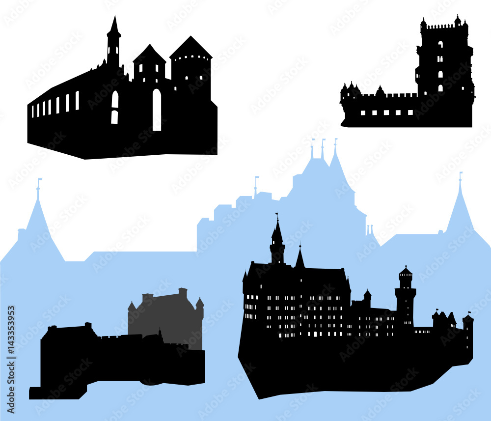 Naklejka premium Five castles and fortress silhouette