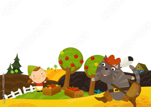cartoon background with young girl gathering apples from trees