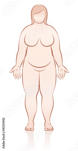 Fat naked woman - schematic medical representation of female overweight body - front view - isolated outline vector illustration.