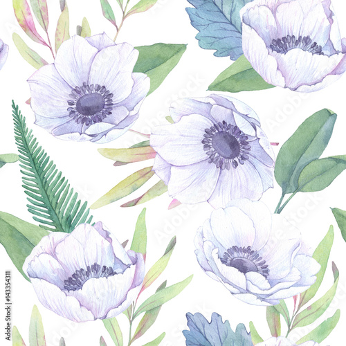 Hand drawn watercolor seamless pattern. Spring leaves, branches, anemones. Floral backgroung. Perfect for wedding invitations, greeting cards, blogs, posters and more