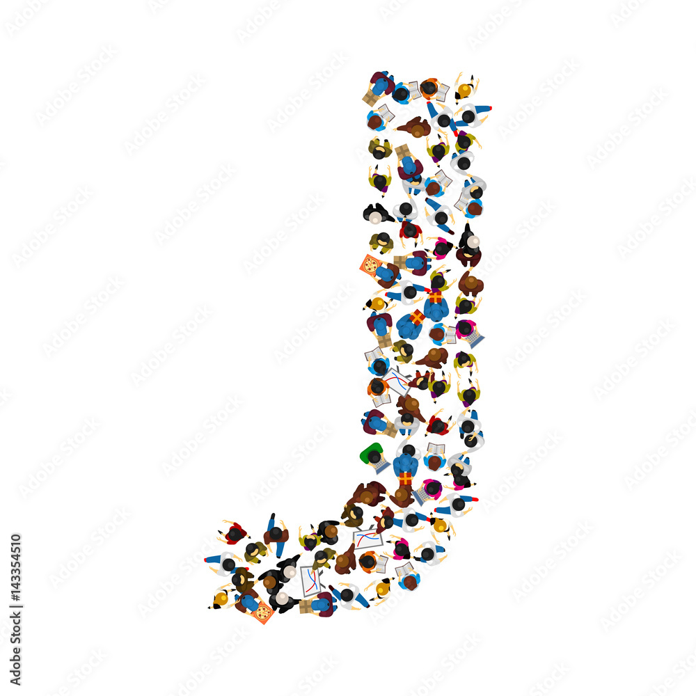 A group of people in the shape of English alphabet letter J on light background. Vector illustration. A group of people in the shape of English alphabet letter J on light background. Vector illustration.