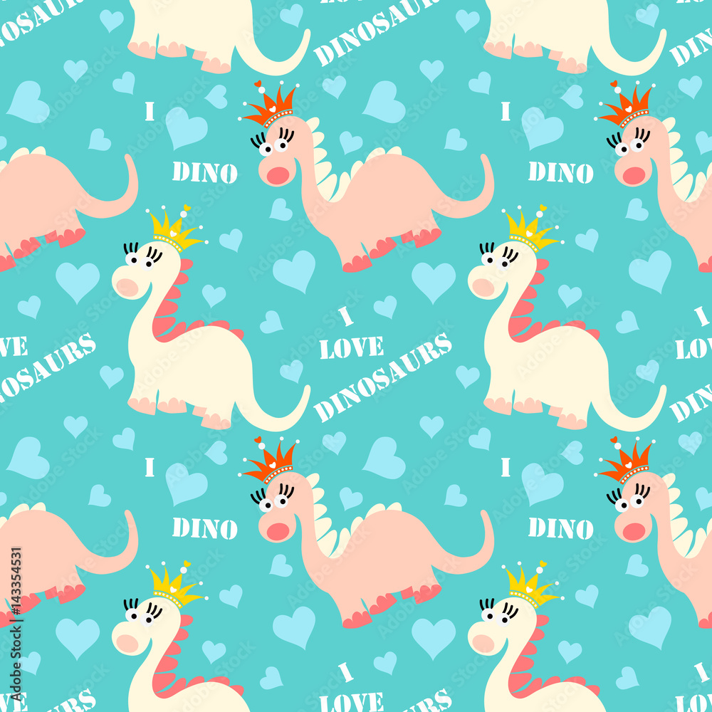 Fototapeta Cute dinosaur seamless pattern. Adorable cartoon dinosaurs background. Colorful kids pattern for girls and boys. Vector texture in childish style for fabric, wallpapers, cards and design
