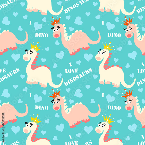 Cute dinosaur seamless pattern. Adorable cartoon dinosaurs background. Colorful kids pattern for girls and boys. Vector texture in childish style for fabric, wallpapers, cards and design