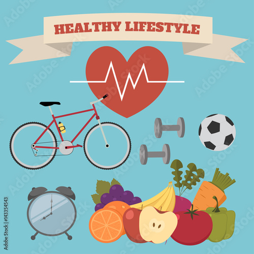 Healthy lifestyle concept with food and sport icons. Vector illustration