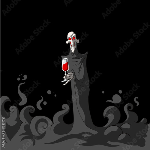 Colorful vector illustration of Death, the grim reaper,  holding a glass of red wine