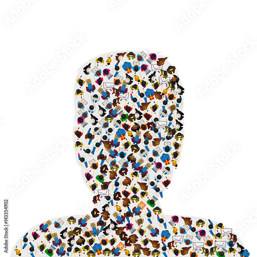 A group of people in a shape of a human head, isolated on white background. Vector illustration.
