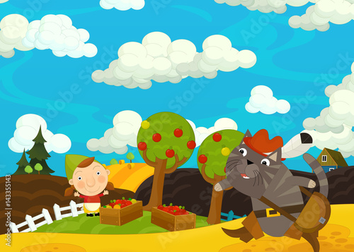 Cartoon scene with noble cat traveler visiting farm woman in garden during beautiful day - illustration for children