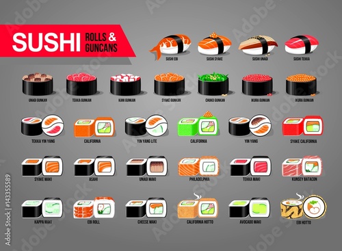 Sushi & rolls mega set icons of japanese food