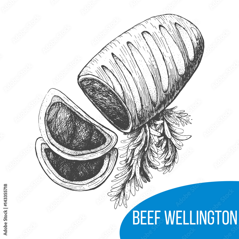 Beef wellington sketch vector illustration. Engraved vintage image