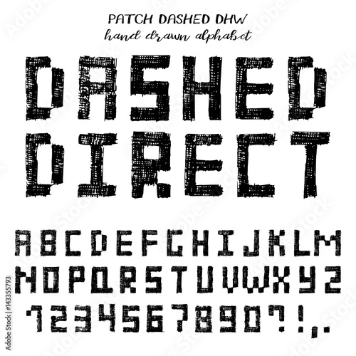 Hand drawn alphabet, written grunge font with symbols in technique of direct hatching: stylized black capital letters, numbers and punctuation. Vector illustration