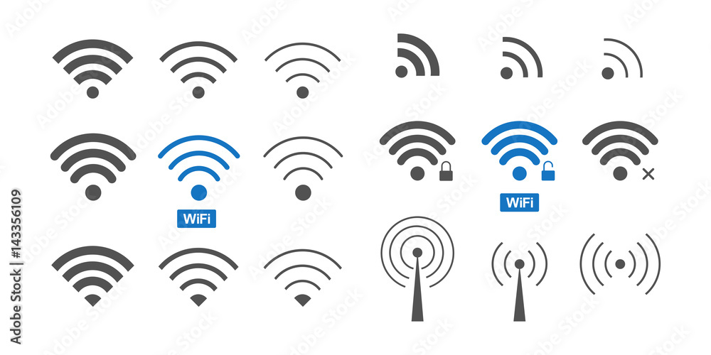 Set of  different wireless and wifi icons for design. - obrazy, fototapety, plakaty 