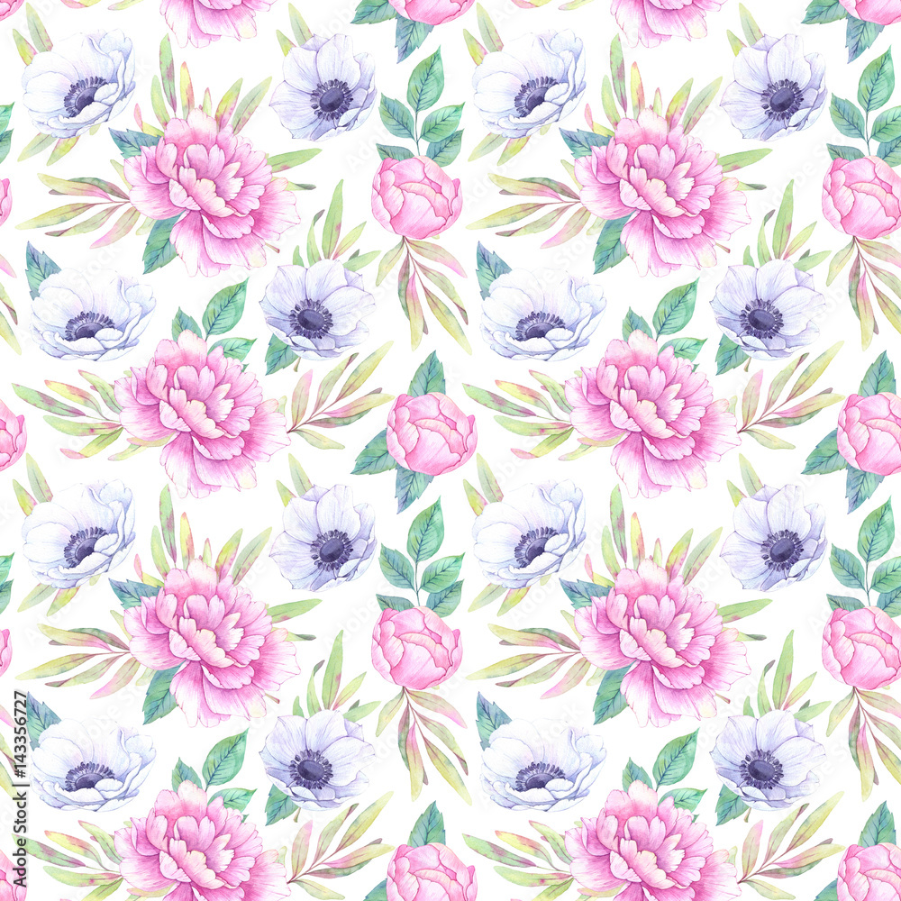 Hand drawn watercolor seamless pattern. Spring leaves, branches, peonies, anemones. Floral backgroung. Perfect for wedding invitations, greeting cards, blogs, posters and more