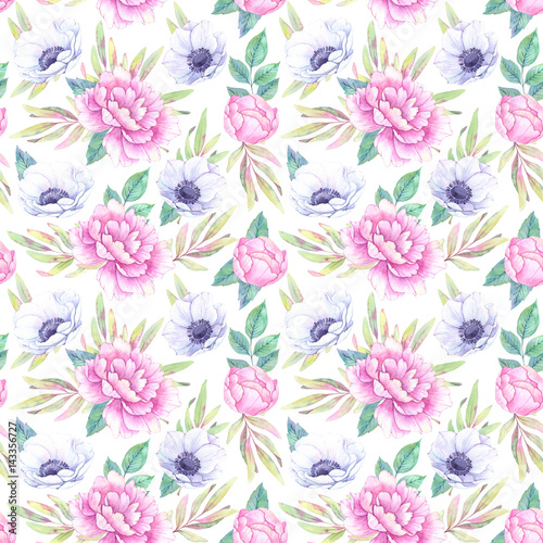 Hand drawn watercolor seamless pattern. Spring leaves, branches, peonies, anemones. Floral backgroung. Perfect for wedding invitations, greeting cards, blogs, posters and more © Kate Macate