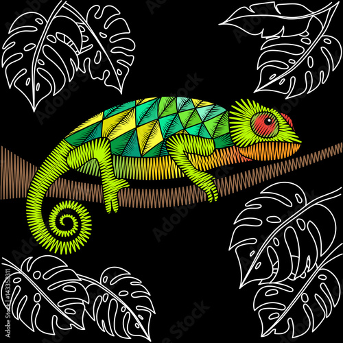 Embroidery design with chameleon lizard. Natural artwork for clothing, patches and stickers. Decorative fancywork elements and fabric textile print.