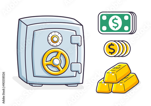 Money safe box, coins and banknotes, gold bars stack. Icons set.