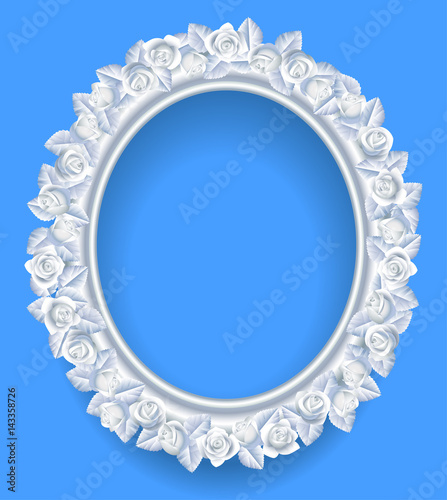 Round classic frame with white roses wreath on blue
