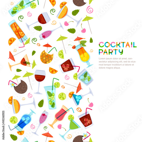 Vector seamless vertical background with cocktails, juice, wine glasses. Hand drawn illustration. Beverages on white background. Design for party invitation, bar menu, alcohol drinks, wine list.
