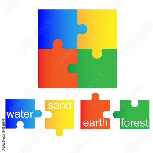 Colorful Puzzle made of four elements: water, sand, earth, forest