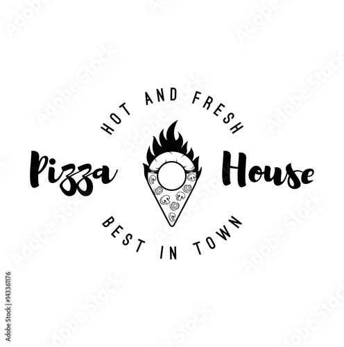 Pizzeria map pointer. Pizza badge Vector illustration isolated on white