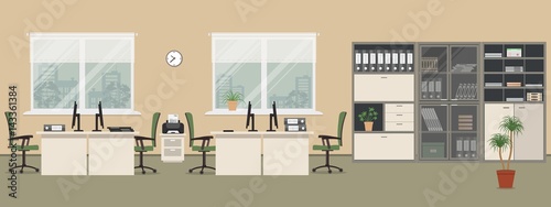 Office room in a beige color. There are white tables, green chairs, a printer, cabinets for documents and other objects in the picture. Vector flat illustration.