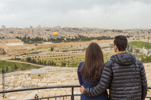 Panoramic view of  Jerusalem Old city and the Temple Mount, Dome of the Rock and Al Aqsa Mosque from the Mount of Olives in Jerusalem, Israel.