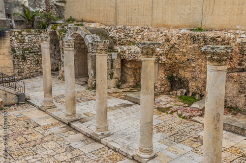Cardo Maximus Roman Pillars. The remains of an ancient Roman pillars located in Jewish Quarter in Jerusalem, Israel.