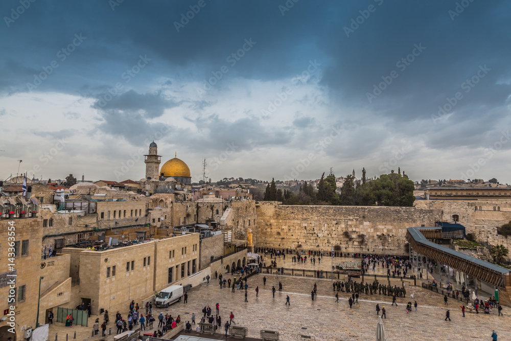 Fototapeta premium The Temple Mount - Western Wall and the golden Dome of the Rock in the old city of Jerusalem, Israel