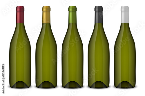 5 realistic vector green wine bottles without labels isolated on white background. Design template in EPS10.