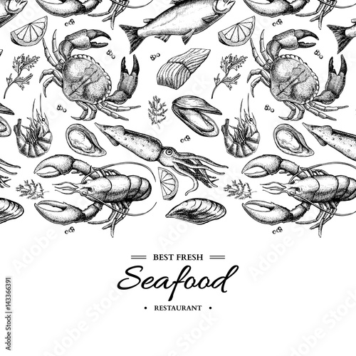 Seafood hand drawn vector framed illustration. Crab  lobster  shrimp  oyster  mussel  caviar and squid.