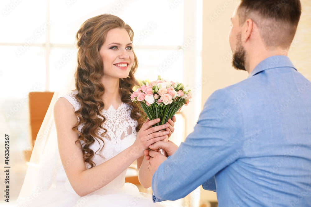 Happy wedding couple at home Happy wedding couple at home