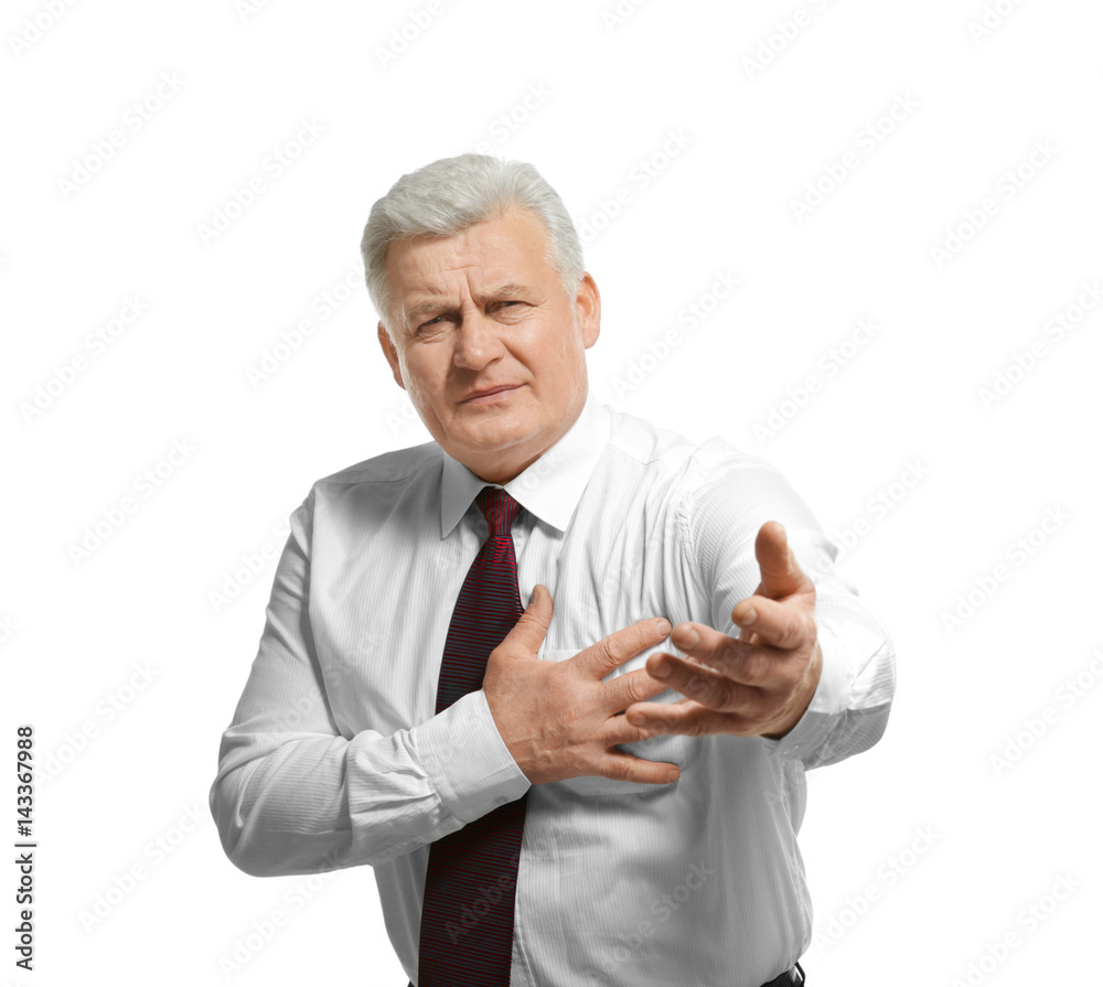 Man with chest pain suffering from heart attack on white background Man with chest pain suffering from heart attack on white background