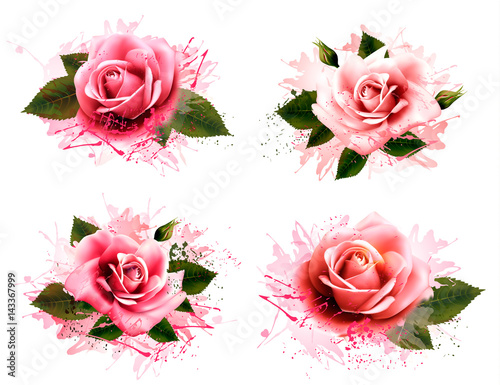 Set of greeting cards with pink roses. Vector